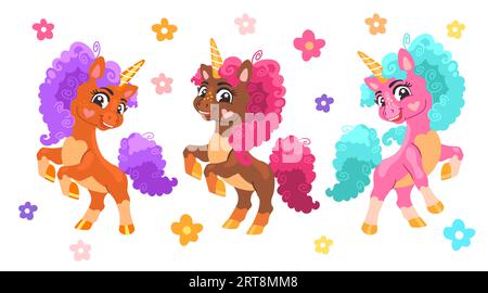 Ensemble de trois licornes de personnage de dessin animé sute avec des fleurs. Illustration vectorielle isolée sur fond blanc. Joyeuse licorne magique. Pour l'impression, la conception, Illustration de Vecteur
