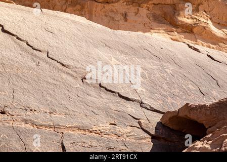 Pétroglyphes (sculptures rupestres) sur les rochers du désert de Wadi Rum, Jordanie Banque D'Images
