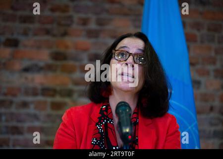 Bogota, Colombie. 08 septembre 2023. Antonia Urrejola, experte des Nations Unies, tient une conférence de presse à Bogota, en Colombie, lors de sa visite officielle pour identifier et vérifier les obstacles à la mise en œuvre de l'accord de paix de 2016 entre la guérilla des FARC-EP et le gouvernement colombien le 9 septembre 2023. Photo : CHEPA Beltran/long Visual Press crédit : long Visual Press/Alamy Live News Banque D'Images