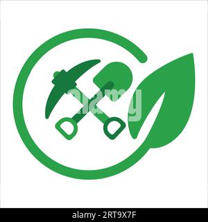 Bonnes pratiques minières écologiques écologiques pioche et pelle avec construction d'excavation symbole d'icône de feuille Illustration de Vecteur