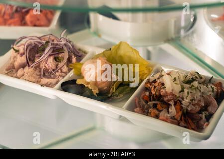 Menu et plats frais d'un restaurant avec des fruits de mer chiliens prêts à être servis et appréciés. Soupe de fruits de mer, salade chilienne Banque D'Images