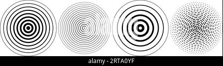 Jeu de cercles d'ondulation concentriques noirs. Sonar pointillé ou collection d'anneaux d'ondes sonores. Concept d'épicentre, cible, icône radar. Eléments radiaux de signal ou de vibration. Vecteur demi-ton Illustration de Vecteur