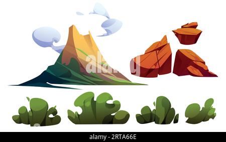 Ensemble de vecteurs de dessin animé d'éruption volcanique - montagne volcanique active avec de la fumée et de la cendre, des pierres brunes et des buissons verts. Éléments de paysage tropical préhistorique ou insulaire d'hawaï. Scène d'explosion volcanique. Illustration de Vecteur