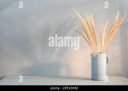 Séchez l'herbe dans une cruche sur la table. Fond rustique minimaliste maison confortable avec une faible lumière de coucher de soleil et des ombres douces Banque D'Images