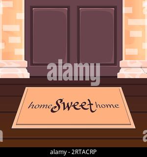 Tapis d'accueil de porte, tapis d'entrée ou tapis. Tapis de porte avant vecteur d'inscription Sweet Home. Tapis de dessin animé posé sur le plancher de bois du porche ou de l'entrée près de la porte brune fermée, porte et vieux murs de briques Illustration de Vecteur