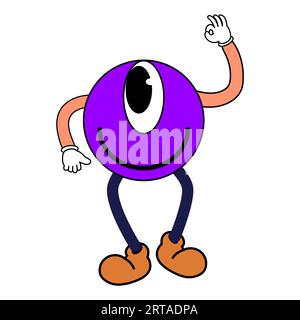 Groovy Cartoon drôle personnage de sourire de dessin animé, vintage. Autocollant violet émoticône brillant comique funky Illustration de Vecteur