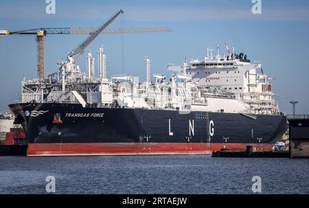 Bremerhaven, Allemagne. 05 septembre 2023. Le terminal méthanier Transgas Force est amarré à Kaiserhafen Drei sur le chantier naval Lloyd à Bremerhaven. Construit en 2021, le navire d’environ 300 mètres de long est une unité flottante de stockage et de regazéification (FSRU) et devrait être déployé au terminal GNL de Stade à partir de la fin de 2023. Avant cela, des travaux d'adaptation seront effectués par le chantier naval Lloyd. Crédit : Focke Strangmann/dpa/Alamy Live News Banque D'Images
