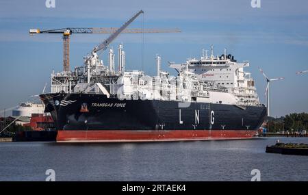 Bremerhaven, Allemagne. 05 septembre 2023. Le terminal méthanier Transgas Force est amarré à Kaiserhafen Drei sur le chantier naval Lloyd à Bremerhaven. Construit en 2021, le navire d’environ 300 mètres de long est une unité flottante de stockage et de regazéification (FSRU) et devrait être déployé au terminal GNL de Stade à partir de la fin de 2023. Avant cela, des travaux d'adaptation seront effectués par le chantier naval Lloyd. Crédit : Focke Strangmann/dpa/Alamy Live News Banque D'Images