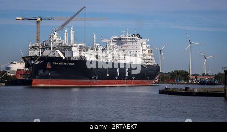 Bremerhaven, Allemagne. 05 septembre 2023. Le terminal méthanier Transgas Force est amarré à Kaiserhafen Drei sur le chantier naval Lloyd à Bremerhaven. Construit en 2021, le navire d’environ 300 mètres de long est une unité flottante de stockage et de regazéification (FSRU) et devrait être déployé au terminal GNL de Stade à partir de la fin de 2023. Avant cela, des travaux d'adaptation seront effectués par le chantier naval Lloyd. Crédit : Focke Strangmann/dpa/Alamy Live News Banque D'Images