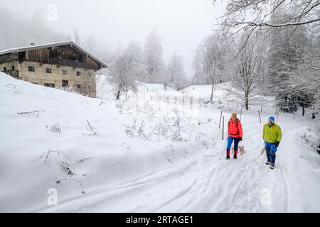 Homme et femme tirant des traîneaux à Hohe Asten, ferme en arrière-plan, Hohe Asten, Alpes bavaroises, haute-Bavière, Bavière, Allemagne Banque D'Images