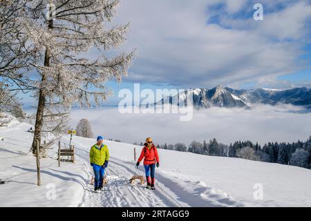 Homme et femme tirant des traîneaux à Hohe Asten, Heuberg en arrière-plan, Hohe Asten, Alpes bavaroises, haute-Bavière, Bavière, Allemagne Banque D'Images