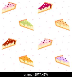 Morceau gâteau cheesecake glaçage motif sans couture à plat. Tarte fruits à pâtisserie rose baies chocolat framboise agrumes myrtille délicieux anniversaire dessert élément fête carte de voeux papier d'emballage fond Illustration de Vecteur