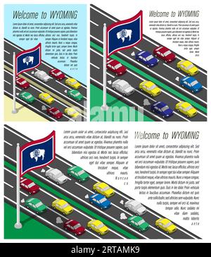 Drapeau isométrique de l'état américain du Wyoming sur mât battant dans le vent. Traversée de la frontière du Wyoming en voiture. Ensemble d'informations horizontal, carré Illustration de Vecteur