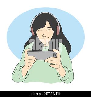 jeune femme portant casque et jouant au jeu en ligne sur le vecteur illustration smartphone dessiné à la main isolé sur fond blanc Illustration de Vecteur