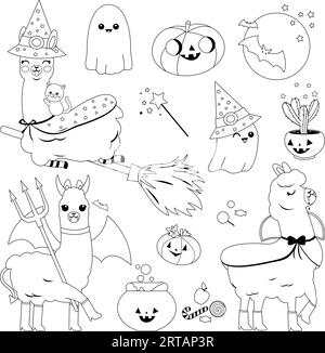 Collection de lamas mignons dans les costumes d'Halloween, friandises, bonbons et autres objets d'Halloween. Page de coloriage en noir et blanc vectoriel. Illustration de Vecteur