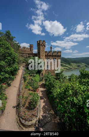 Chemin avec des roses dans la cour extérieure du château de Sooneck et vue sur la vallée du Rhin, Niederheimbach, vallée du Rhin moyen supérieur, Rhénanie-Palatinat, G Banque D'Images