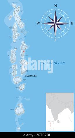 Carte physique très détaillée des îles Maldives en format vectoriel, avec toutes les formes de relief, les régions et les grandes villes. Illustration de Vecteur