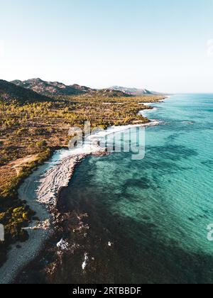 ITALIE, SARDAIGNE 2023 : vue aérienne de la célèbre oasis de Biderosa. Une belle forêt de pins d'Alep et de pins de pierre ainsi qu'une riche végétation spontanée composent la forêt côtière de Bidderosa. Encadré par des genévriers, des chênes-lièges et des chênes verts, un paradis de carte postale s’ouvre, l’un des rares en nombre limité en Sardaigne, avec les couleurs émeraude de la mer et le blanc pur du sable fin. Banque D'Images