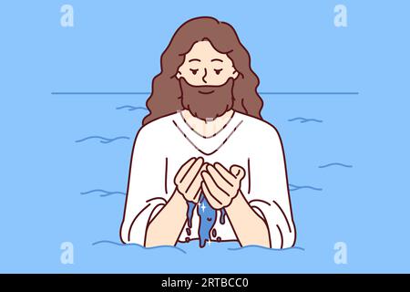 Jésus se tient dans l'eau et lave le visage, pour le concept de la seconde venue de dieu ou le baptême dans la religion chrétienne. Homme barbu ressemblant à jésus pour l'évangile et les illustrations bibliques catholiques ou orthodoxes Illustration de Vecteur