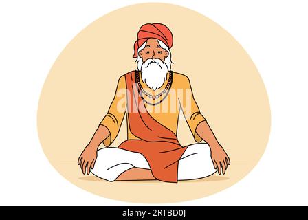 Vieil homme dans des vêtements traditionnels assis dans la position de lotus méditant. Les vieux yogi mâles pratiquent le yoga. Culture et tradition. Illustration vectorielle. Illustration de Vecteur
