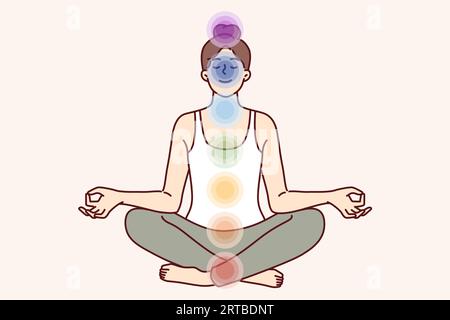 La femme méditante est assise en position lotus et fait du yoga, ressentant des changements dans l'aura et une poussée de vitalité. Fille utilise des pratiques de yoga pour ouvrir sept chakras qui affectent la santé et l'état psychologique Illustration de Vecteur