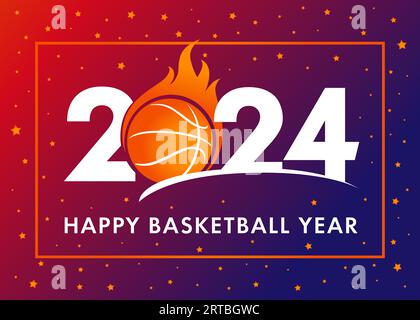 Bonne année de basket-ball 2024. Symbole de sport avec balle de basket en flamme pour la bannière du nouvel an, carte de voeux ou invitation au tournoi de vacances. Vecteur Illustration de Vecteur