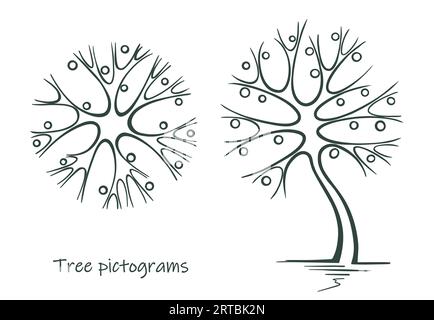 Pictogrammes d'arbre dessinés à l'encre à la main. Croquis de plantes. Isolé sur fond blanc. Illustration vectorielle. Illustration de Vecteur