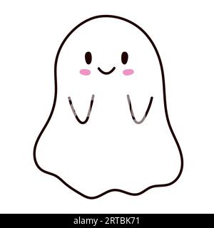 Halloween Ghost esprit sourire dans le style doodle. Mignon personnage effrayant. Visage souriant, mains. Illustration vectorielle isolée sur fond blanc. Illustration de Vecteur