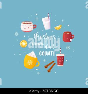Carte du nouvel an, inscription, Joyeux Noël avec mug, boissons, hiver. illustration vectorielle Illustration de Vecteur