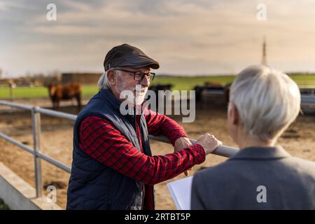 Agriculteur mature parlant avec la femme consultante en finances à la ferme de bétail au sujet du prêt et des affaires Banque D'Images