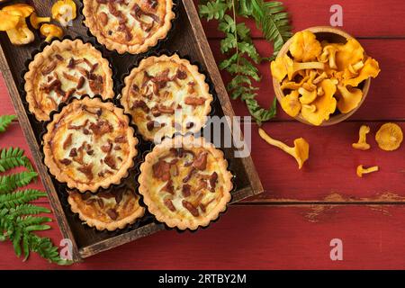 Tarte aux mains savoureuse avec des champignons chanterelles, crème et fromage sur une planche à découper sur fond de table en bois rouge rustique. Tartes maison avec saison Banque D'Images