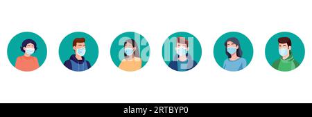 Avatars de personnes dans les masques médicaux. Conception plate. Ensemble de visages dans les masques médicaux. Illustration de Vecteur