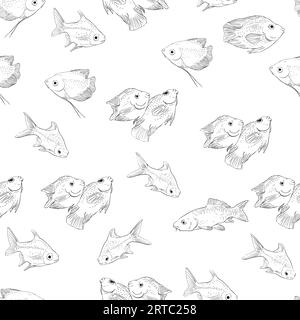 Motif vectoriel sans couture fait de poissons tropicaux esquissés sur fond blanc, illustration continue dessinée à la main Illustration de Vecteur