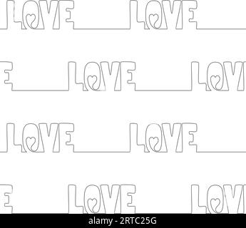 Modèle sans couture fait de texte D'AMOUR DE dessin de ligne unique avec coeur à l'intérieur de la lettre O, ligne continue grise dessinée à la main sur fond blanc Illustration de Vecteur