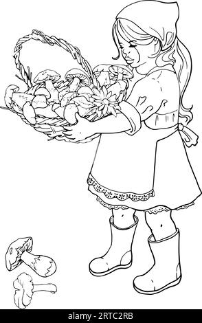 Petite fille avec un panier de champignons. Dessin au trait pour pages à colorier imprimables pour enfants et adultes. Et aussi pour l'impression sur la vaisselle, les vêtements et d'autres produits. De la collection ENFANCE. Illustration vectorielle Illustration de Vecteur