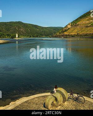 Un cycliste repose au Rhin-Nahe-Eck à Bingen, vue sur l'estuaire de la Nahe et sur le Rhin à la Tour Mause et les ruines du château d'Ehrenfels Banque D'Images