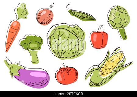 Icônes de légumes vectoriels définies dans le style d'art au trait. Collecte des produits agricoles. Icônes plates d'aubergines, artichaut, maïs, chou. Nourriture saine végétarienne. Illustration de Vecteur
