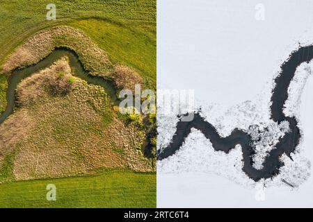 Vue de haut en bas de la Hürbe (rivière) en été et en hiver, vallée de Lone près de Giengen an der Brenz, Jura souabe, Baden-Wuerttemberg, Allemagne, Europe Banque D'Images