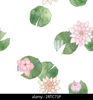 Fleurs d'eau et feuilles de lys vues d'en haut. Modèle sans couture pour l'impression sur tissu, papier d'emballage et d'emballage, et d'autres produits. Illustration en couleur de belles fleurs sur l'eau. Illustration de haute qualité Banque D'Images