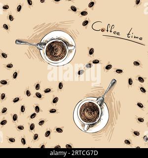 Modèle vectoriel sans couture avec tasses à café dessinées à la main et grains de café, fond de thème Coffee Time Illustration de Vecteur