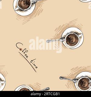 Motif vectoriel sans couture avec vue de tasses à café dessinées à la main d'en haut, fond de thème heure du café Illustration de Vecteur