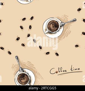Motif vectoriel sans couture avec tasses à café dessinées à la main et vue des grains de café d'en haut, fond de thème heure du café Illustration de Vecteur