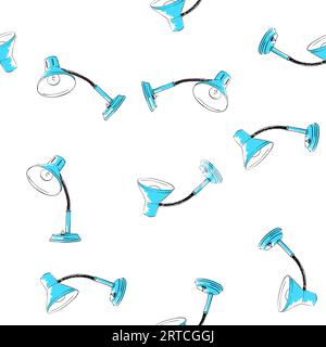 Motif vectoriel sans couture avec des lampes de table rétro bleues dessinées à la main situées chaotiquement sur fond blanc Illustration de Vecteur