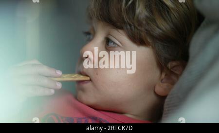 Gros plan visage de petit garçon grignotant cookie, enfant mangeant une friandise sucrée pour la collation Banque D'Images