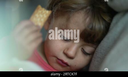 Gros plan visage de petit garçon grignotant cookie, enfant mangeant une friandise sucrée pour la collation Banque D'Images