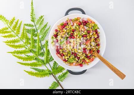 Salade indienne germée de haricots verts avec oignon, feuille de coriandre, Chili vert, grenade et tomates. Salade saine de haricots Gram germe isolée Banque D'Images