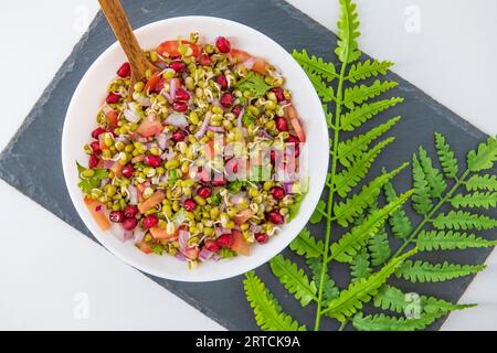 Salade indienne germée de haricots verts avec oignon, feuille de coriandre, Chili vert, grenade et tomates. Salade saine de haricots Gram germe isolée Banque D'Images