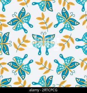 Beau fond continu avec des papillons et des feuilles. Motif sans couture avec mites et feuillage. Imprimé naturel avec papillon pour le textile, Illustration de Vecteur