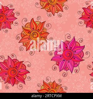 Motif vectoriel sans couture avec des fleurs stylisées dessinées à la main, fond dans la palette de couleurs rose chaud Illustration de Vecteur