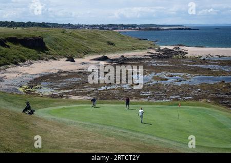 Golfeurs au 13e green du Glen Golf Club, avec North Berwick en arrière-plan, East Lothian, Écosse, Royaume-Uni Banque D'Images